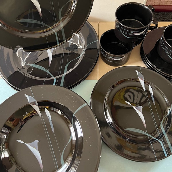 80s Deco Mikasa Dinnerware | Galleria Opus Black Calla Lily Pattern Plates, Soup & Salad Bowls, Cup + Saucer Sets | Post Modern Decor