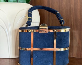 1960s Etra Navy Blue Suede and Gold Cage Box Purse