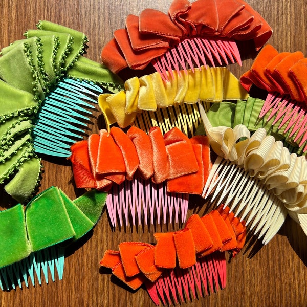 Vintage Velvet Hair Bow Combs, Lime Green, Coral, Orange or Yellow for Long or Short hair, Thick or Thin, Blonde, Brunette or Red Head