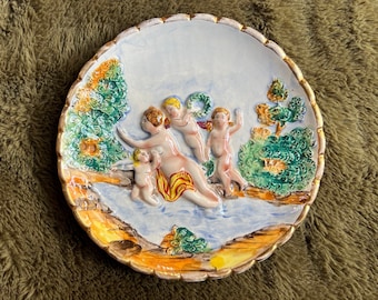 Italian Ceramic Relief Plate by Capodimonte Italy, Handpainted Matriarchal Art Venus and Cherubs