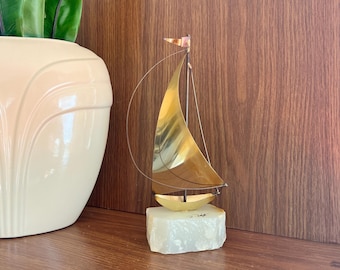 Mid Century Sailboat Metal and Marble Sculpture