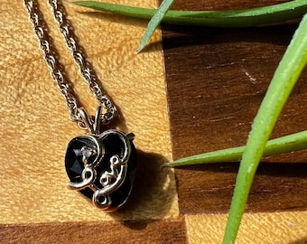 Black Onyx Necklace Pendant, Love in 10 Karat Gold Script with Small Diamond