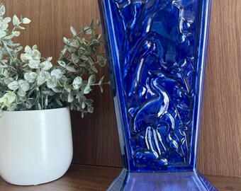 Vintage Blue Ceramic Flower Vase with Bird Motif