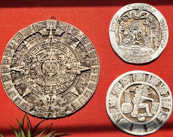 Aztec Calendar, Handmade Ceramic Mayan and Aztec Hanging Wall Sculptures, Made in Mexico
