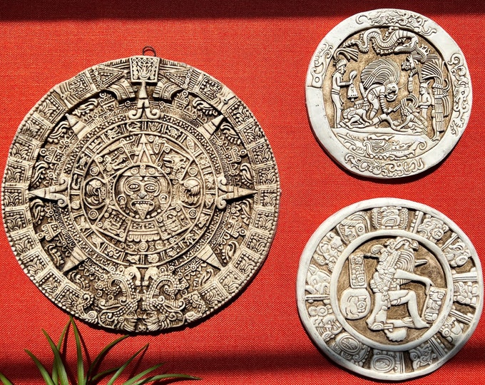 Aztec Calendar, Handmade Ceramic Mayan and Aztec Hanging Wall Sculptures, Made in Mexico