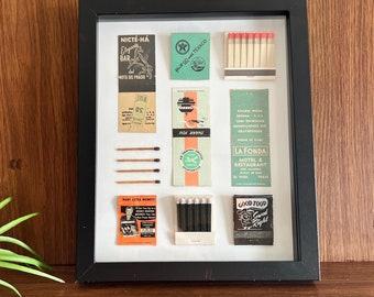 Framed Vintage Matchbook Collage in Sea Foam Green and Salmon Tones