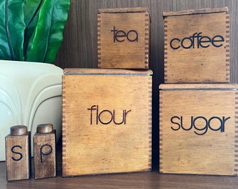 Mid Century Modern Wooden Kitchen Canister Set with Salt and Pepper Shakers