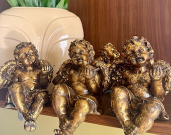 Vintage 90s Gold Cherub Figurine Sitting Statue