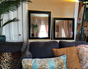 Vintage 1980s Post Modern Art Deco Square and Rectangle Wall Mirrors, Black Laminate & Gold Framed