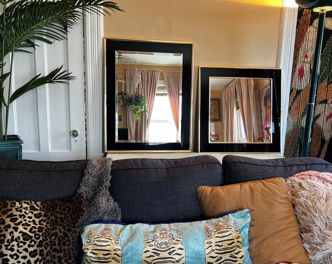 Vintage 1980s Post Modern Art Deco Square and Rectangle Wall Mirrors, Black Laminate & Gold Framed