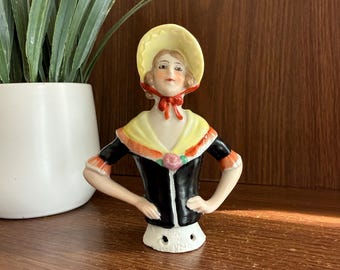 Antique Half Doll, Blonde Pincushion Girl, 1920s German Porcelain Bisque Art Deco Coquette Figurine