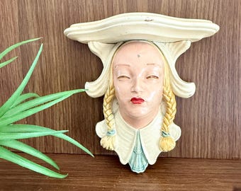 Vintage Lady Head Chalkware Wall Hanging Shelf