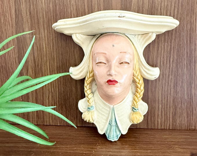 Vintage Lady Head Chalkware Wall Hanging Shelf