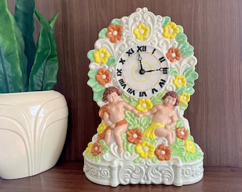 Vintage Hand Painted Ceramic Cherub Mantel Clock