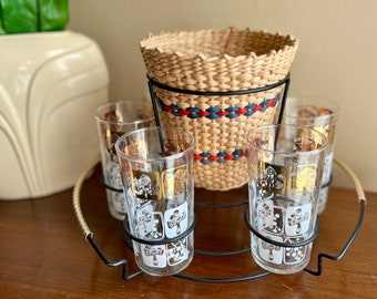 Mid-Century Tiki Bar Set with Six 22kt Gold Cocktail Glasses and Ratan Caddy
