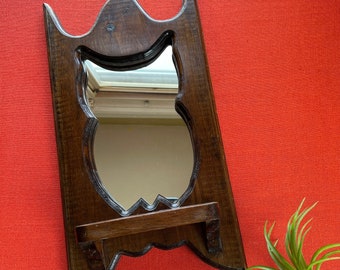 Retro Owl Wooden Wall Mirror with Shelf, Small Accent Mirror, 1970s Vintage Wall Decor