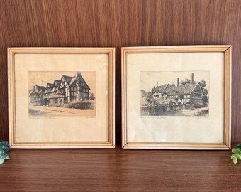 Shakespeare's Home and Anne Hathaway's Cottage, Vintage Etchings by Cecil Forbes, Artist Signed