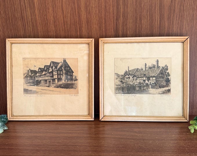 Shakespeare's Home and Anne Hathaway's Cottage, Vintage Etchings by Cecil Forbes, Artist Signed