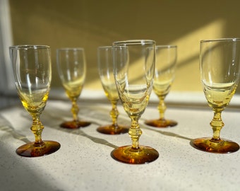 Vintage Amber Champagne Glasses Set, Small Wine Glasses, Colored Unique Glassware for Weddings, Libbey Rock Sharpe Georgian Short Stem Glass