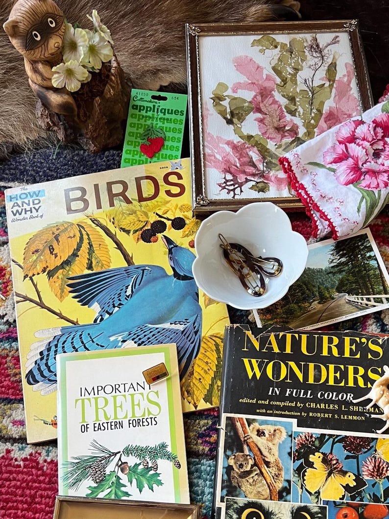 Vintage mystery box in a cottagecore style with pressed flowers, birds and antique books.