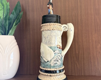 Vintage Nautical Moby Dick Ceramic Beer Stein with Figural Whale Handle