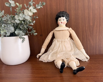 Vintage China Head Doll, 15" Flat Top, Victorian Style Porcelain Hands, Feet