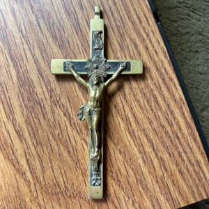 1800s Antique Pectoral Crucifix, 5 1/3” Skull and Crossbones German Clergy Brass Wall Crucifix with Ebony Inlay, Prussian Chaplain Cross
