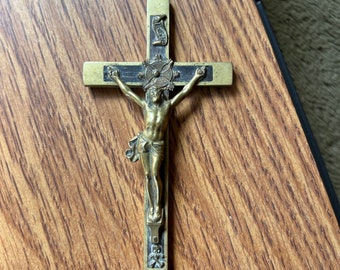 1800s Antique Pectoral Crucifix, 5 1/3” Skull and Crossbones German Clergy Brass Wall Crucifix with Ebony Inlay, Prussian Chaplain Cross