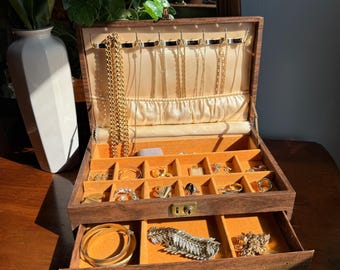 Vintage Jewelry Box, Retro 1970s Style, Faux Wood With Yellow Velvet Lining