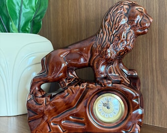 Mid-Century Ceramic Lion Mantel Clock, Made in Germany