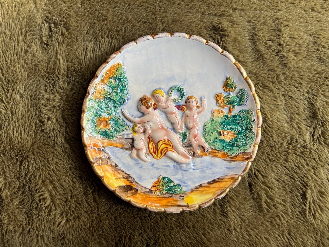 Italian Ceramic Relief Plate by Capodimonte Italy, Handpainted