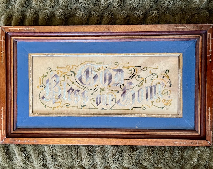 1800s Antique Victorian Punch Paper Embroidery Motto Sampler: "God Bless Our Home"