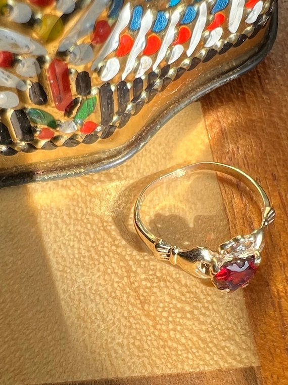 14K Gold Garnet Claddagh Ring, January Birthstone… - image 3