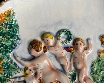 Italian Ceramic Relief Plate by Capodimonte Italy, Handpainted