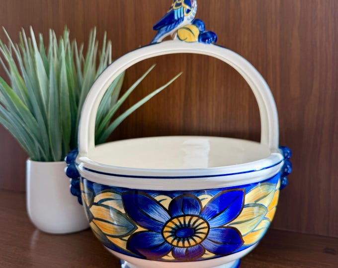 Royal Copenhagen Blue Pheasant Ceramic Basket with Bird Finial in Blue and Yellow Gold