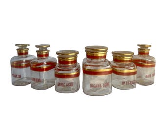Antique Glass Apothecary Jars | Vintage Pharmacy Bottles Gold & Red Trim Peroxide, Bath Salts, Hair Tonic, Ammonia, Bicarb. Soda, Boric Acid
