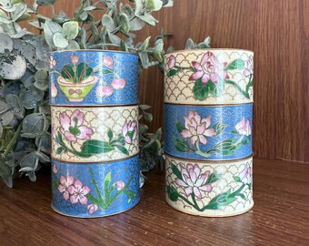 Vintage Napkin Rings,  Cloisonne Floral Brass Enamel Table Settings, Set of 6, Blue and White
