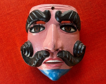 Vintage Guatemalan Carved Wooden Dance Mask of Moro from Baile de la Conquista