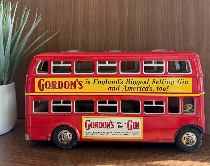 Vintage Gordon’s Gin Double Decker Bus Tin Toy, Retro Diecast Vehicle, London England