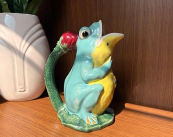 Vintage Ceramic Frog Statue Pitcher, Whimsical Decor Figurine, Majolica Style
