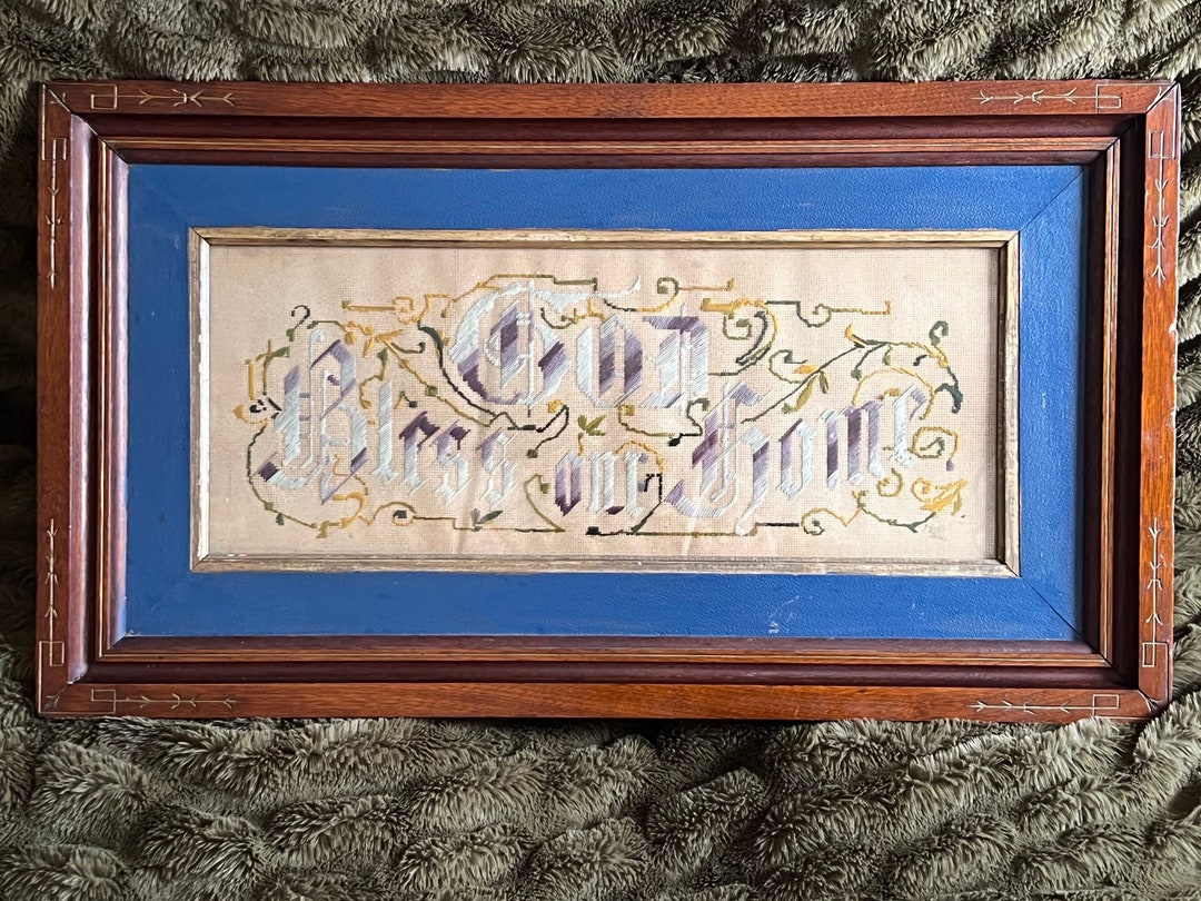 1800s Antique Victorian Punch Paper Embroidery Motto Sampler God Bless