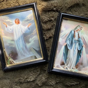 Catholic Art Prints, Virgin Mary, Jesus Portrait Set in Vintage Frames, Christian Wall Decor