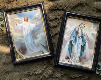 Catholic Art Prints, Virgin Mary, Jesus Portrait Set in Vintage Frames, Christian Wall Decor
