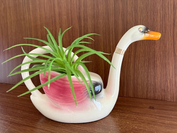 Vintage 1950s Swan Watering Can, Art Deco Ceramic Planter, Made in USA