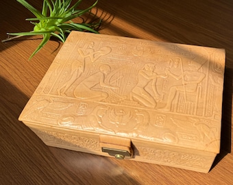 Vintage Leather Jewelry Box with Embossed Egyptian Scene