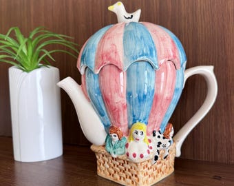 Vintage Teapot, Whimsical Hot Air Balloon Motif