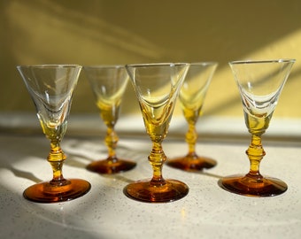 Vintage Amber Sherry Cordial Glasses Set, Apertif Glasses, Colored Unique Glassware for Weddings, Libbey Rock Sharpe Georgian