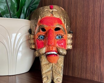 Vintage Guatemalan Carved Wooden Dance Mask of Pedro de Alvarado from Dance of the Conquest