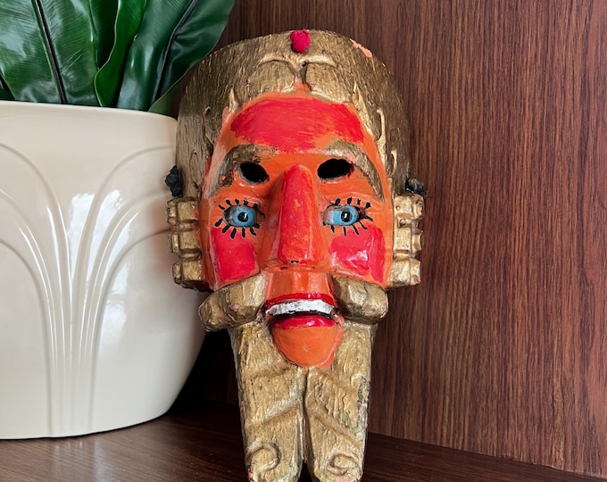 Vintage Guatemalan Carved Wooden Dance Mask of Pedro de Alvarado from Dance of the Conquest