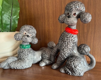 Ceramic Mid Century Dog Figurine Statue, Grey Poodle Pair